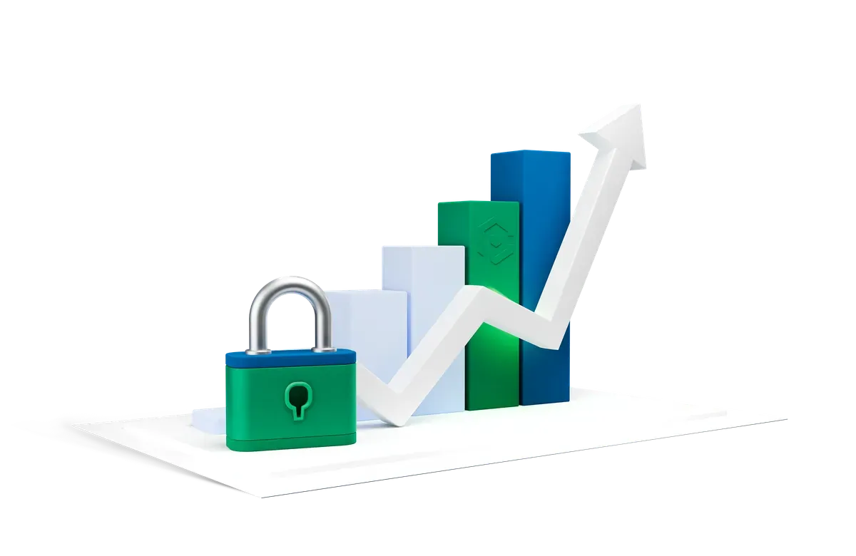 3D padlock beside a rising chart, for the system status report