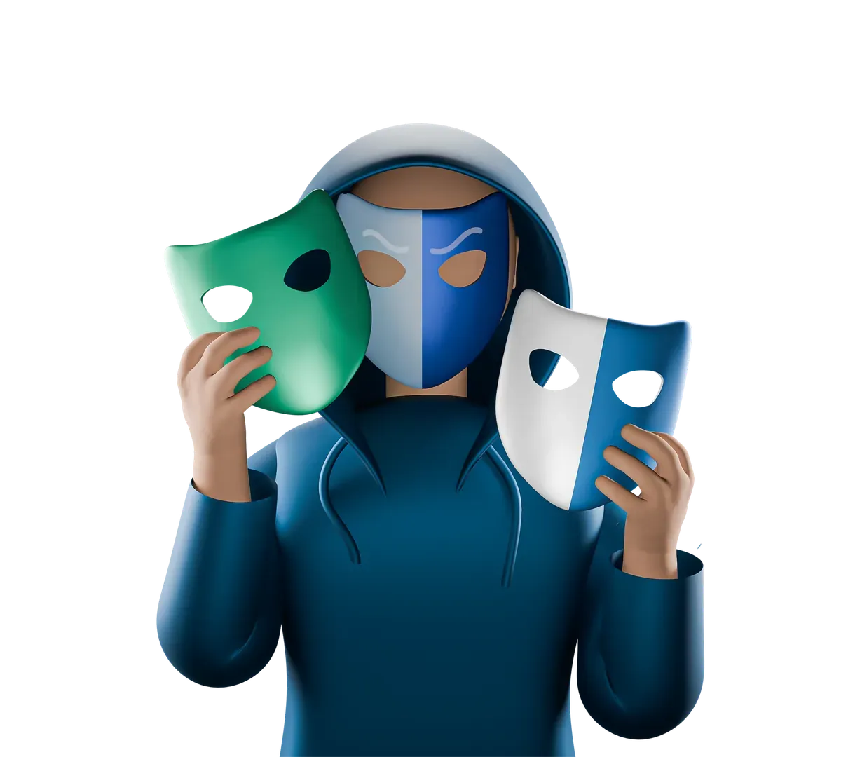 3D hooded figure holding masks, for the PHP2Shell threat
