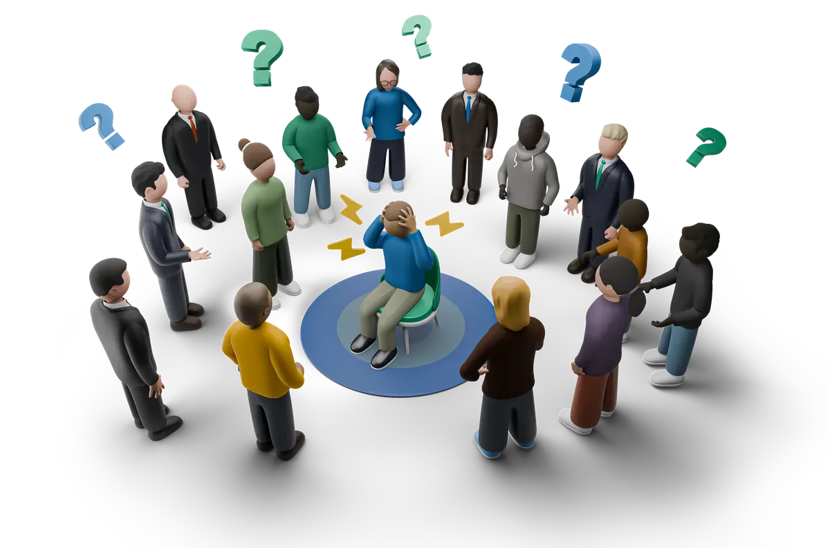 3D crowd gathered around one person, for warnings from outside