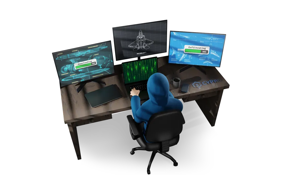 3D intruder at a desk of monitors, for checking for compromise