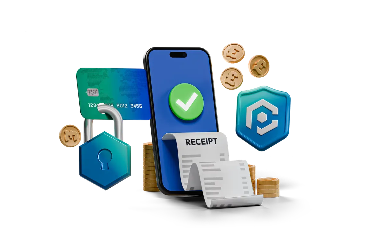 3D phone with a payment card and receipt, for checkout pages at risk