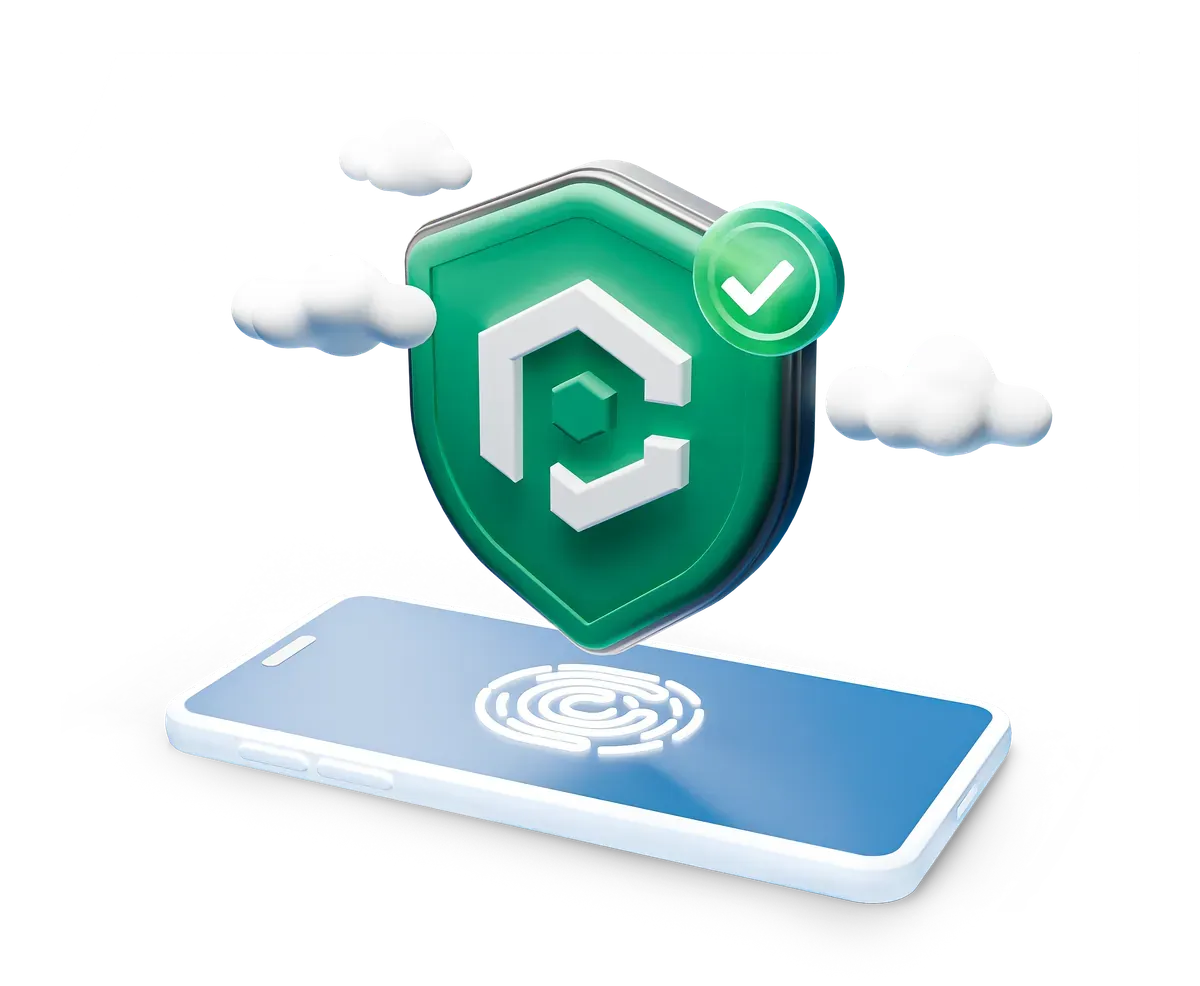 3D shield with a green tick above a device, for images built from the official PHP image