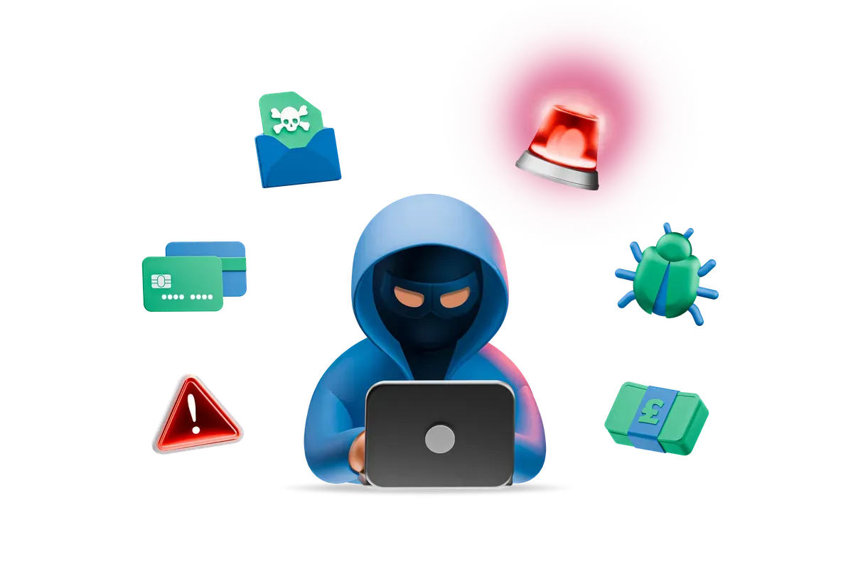 3D attacker at a laptop surrounded by security alerts