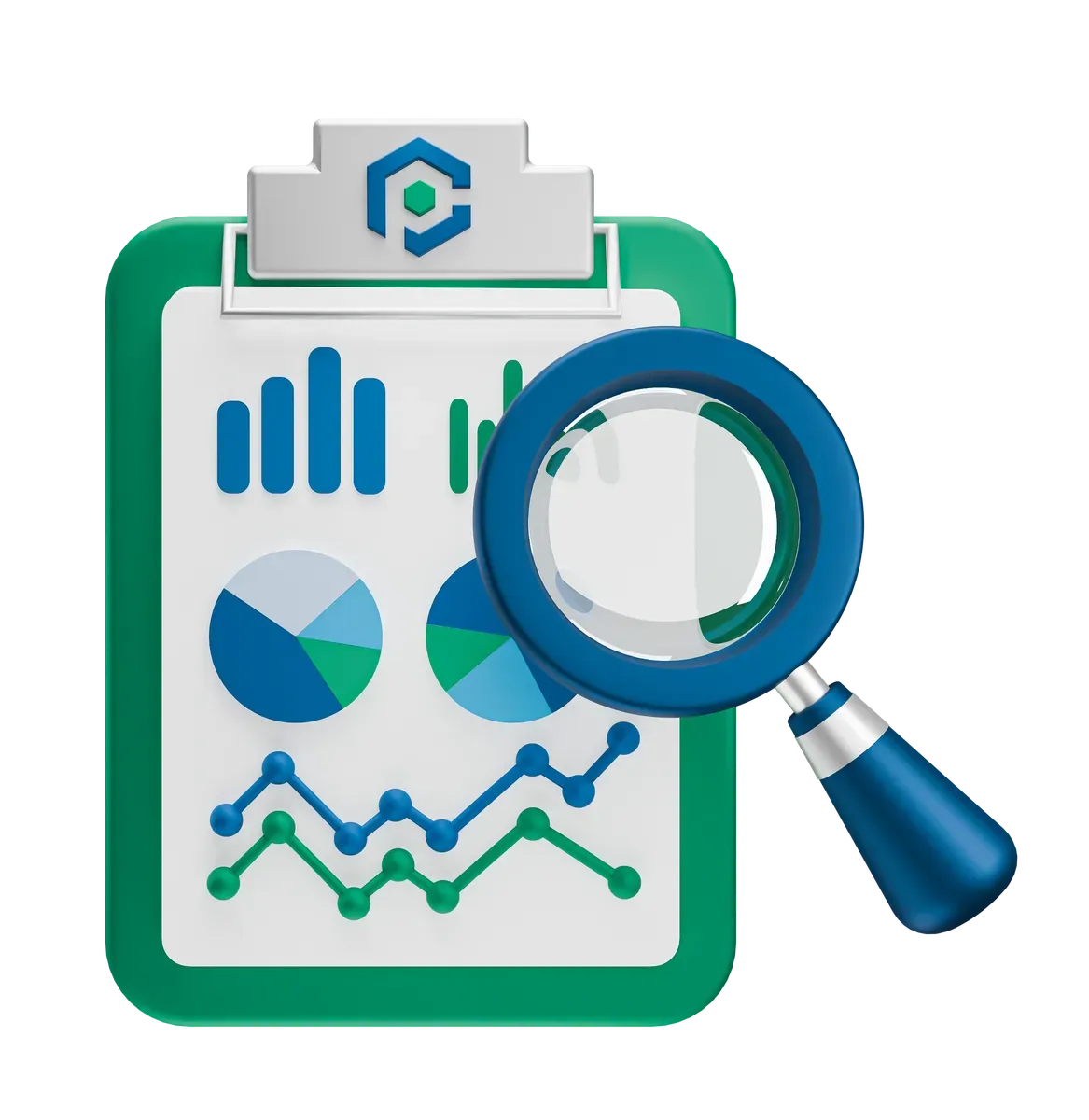 3D clipboard of charts under a magnifying glass, for checking your PHP version