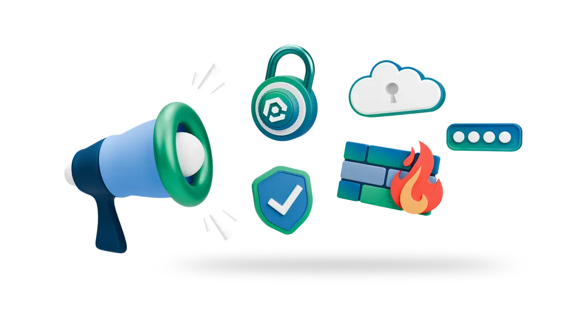 3D megaphone with security icons, for national security alerts