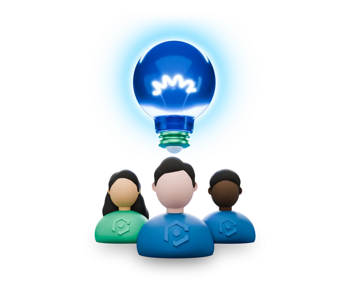 3D team of practitioners beneath a lightbulb