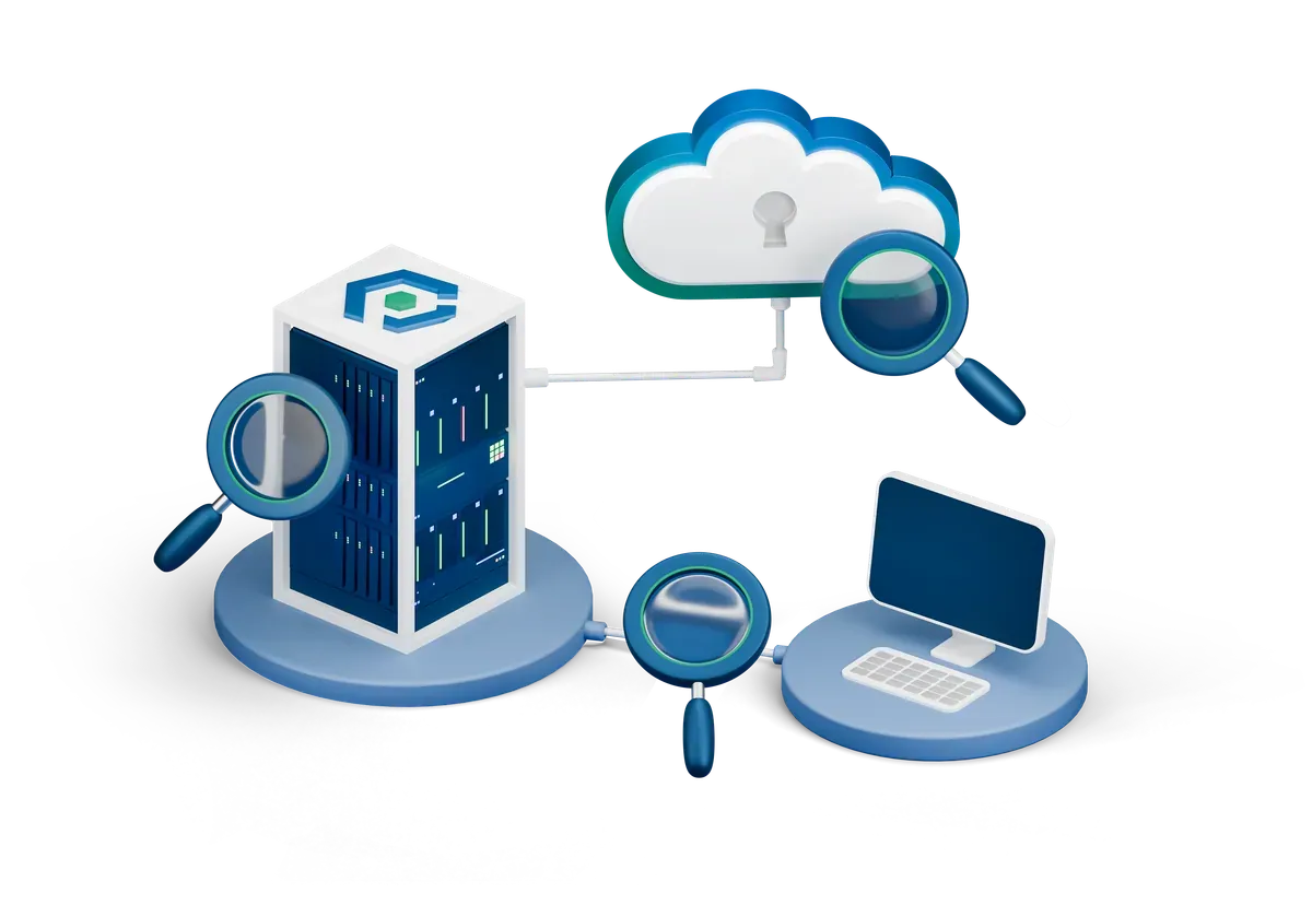 3D servers and laptops under magnifying glasses, for checking which PHP version runs